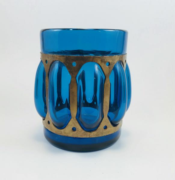 Wrought Rustic Iron And Blue Hand Blown Glass Vase Or Candle