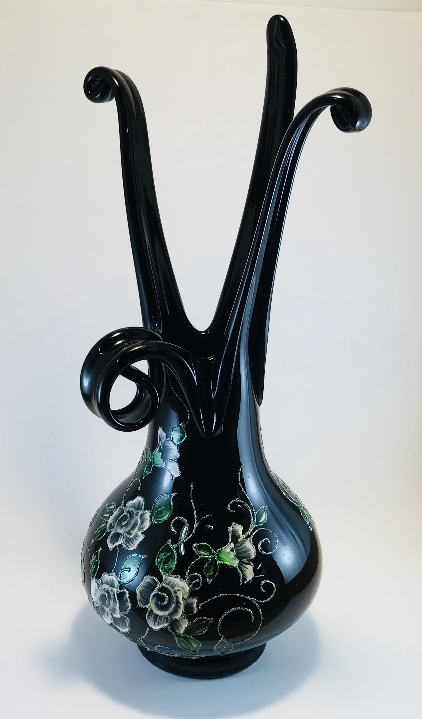 Black Hand Blown Glass Vase Hand Painted White Flowers Jam Gallerie